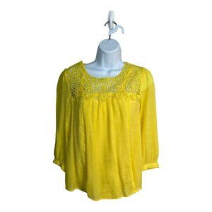 Butter Yellow Blouse & Cami Lace Eyelet Details Relaxed Fit Women's Size PM Boho